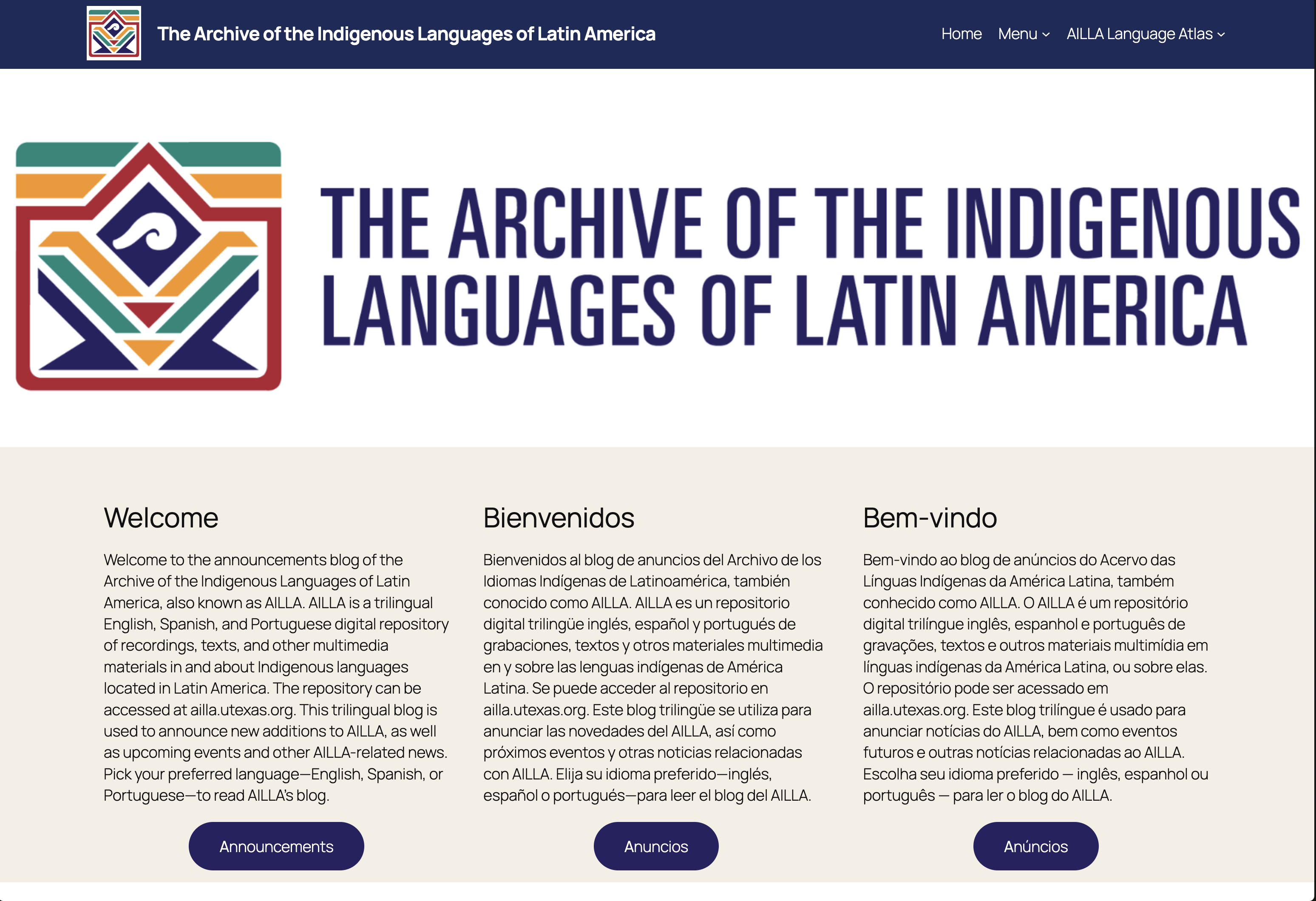 Screenshot of the AILLA website (Archive of the Indigenous Languages of Latin America)