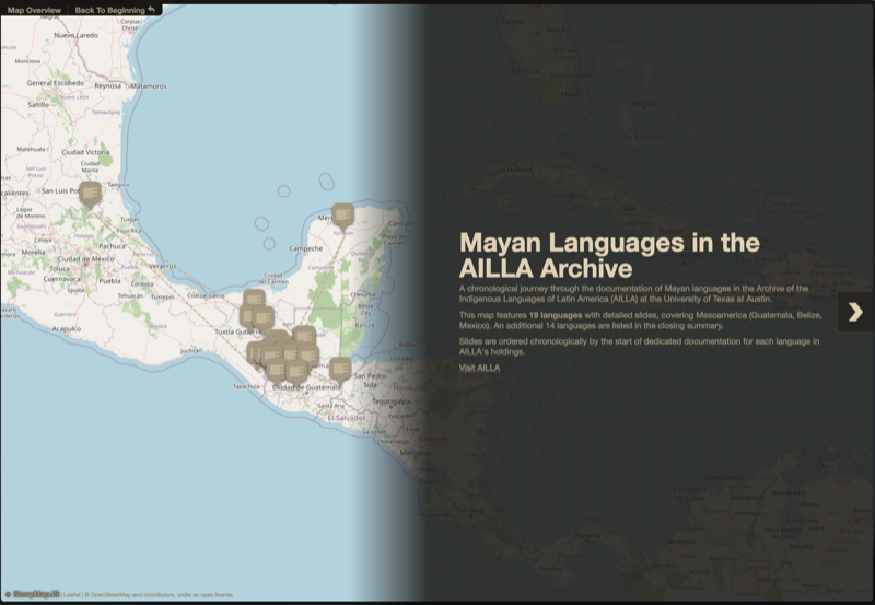 Screenshot of the AILLA Language Atlas, a StoryMap of Mayan language documentation across Mesoamerica