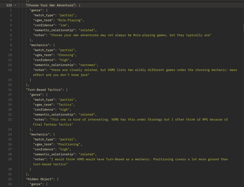 Screenshot of JSON classification data mapping Steam community tags to Video Game Metadata Schema terms